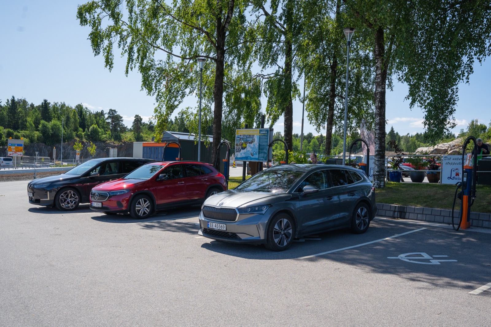 Elbiler under bjørketrær ved Lasses Senter